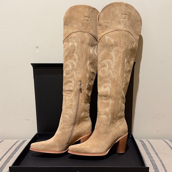 Isnom Shoes - Isnom Tan Faux Suede Over the Knee-High Boots
